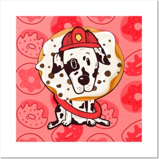 Firefighter firefighter dog with donut in red Posters and Art